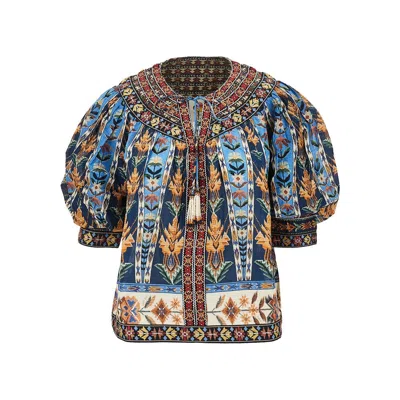Farm Rio Embroidered Tapestry Blue Short Sleeve Blouse In Multi