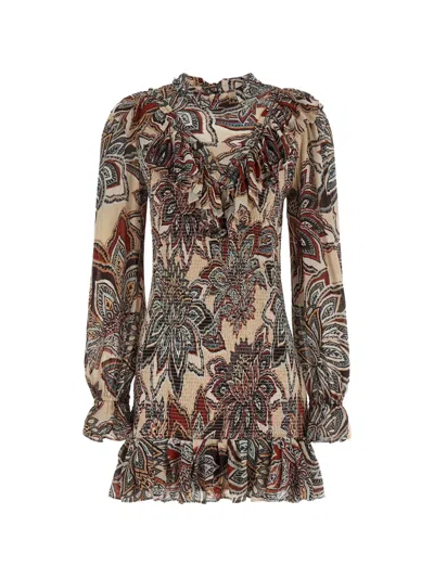 Farm Rio Tapestry Flowers Long Sleves Mini Dress In Multi