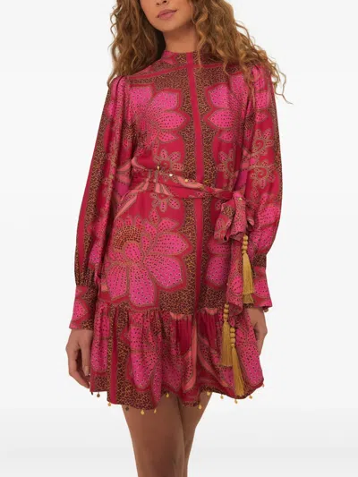 Farm Rio Tassel-embellished Patterned Mini Dress In Pink