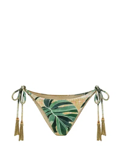 Farm Rio Tassel-detail Leaf-print Bikini Bottoms In Green