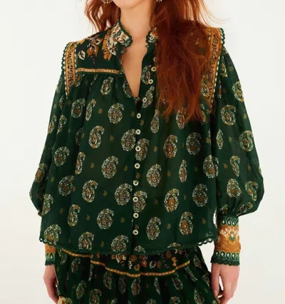 Farm Rio Tayla Lace Buttoned Puff Sleeve Blouse In Green In Multi