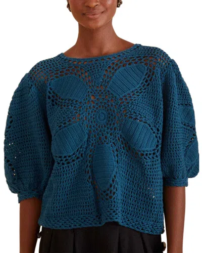 Farm Rio Teal Flower Draw Crochet Blouse In Multi