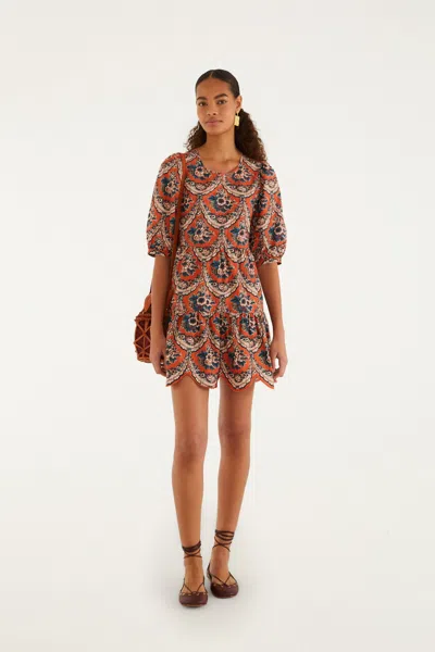 Farm Rio Terracotta Victorian Floral Puff Sleeve Mini Dress In Victorian Floral Terracota