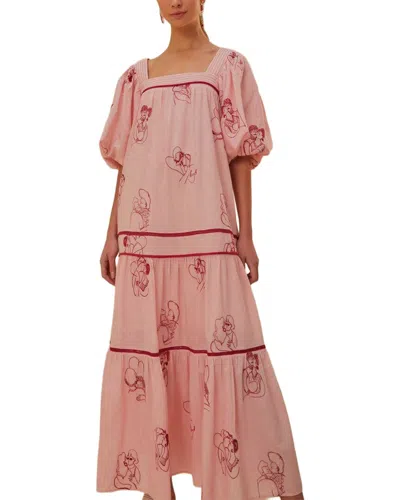 Farm Rio The Kiss Embroidered Short Sleeve Maxi Dress In Red