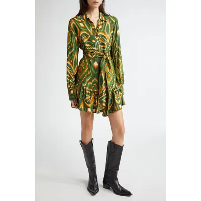 Farm Rio Tie Belt Long Sleeve Shirtdress In Pinapple Ikat Green