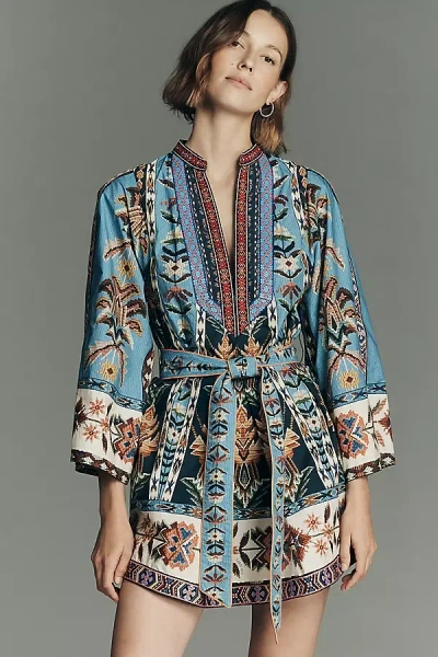 Farm Rio Tie-front Long-sleeve Plunge Mini Dress In Blue