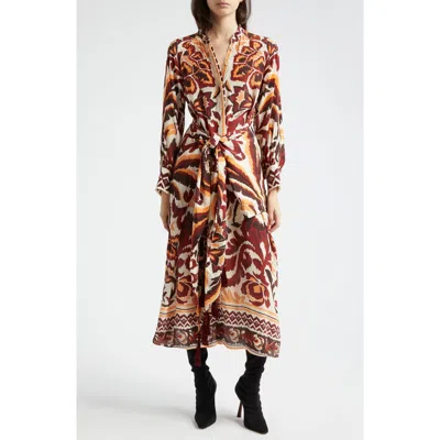 FARM RIO FARM RIO TIE FRONT LONG SLEEVE SHIRTDRESS