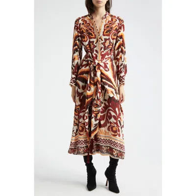 Farm Rio Tie Front Long Sleeve Shirtdress In Toucans Scarf Cream