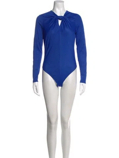 Pre-owned Farm Rio Tie Neck Long Sleeve Bodysuit W/ Tags In Blue