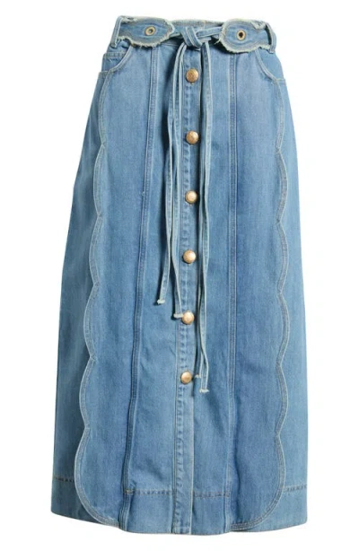Farm Rio Tie Waist Denim Midi Skirt In Blue