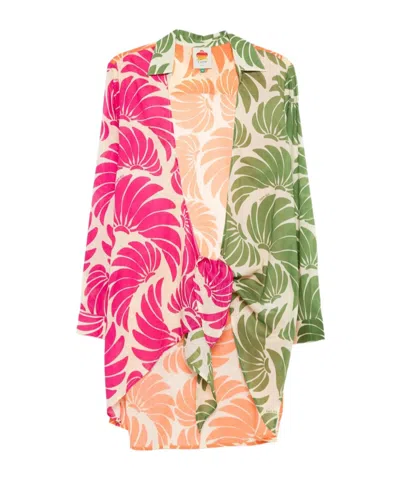 Farm Rio Tie-front Floral Print Kaftan In Brown