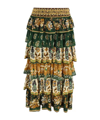 Farm Rio Ayla Mixed Scarves Layered Maxi Skirt In Green In Multi