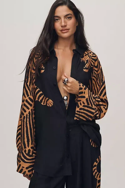 Farm Rio Tiger Buttondown Shirt In Black