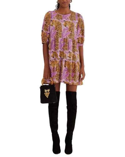 Farm Rio Tiger Leaves Lavender Puff Sleeve Mini Dress In Purple