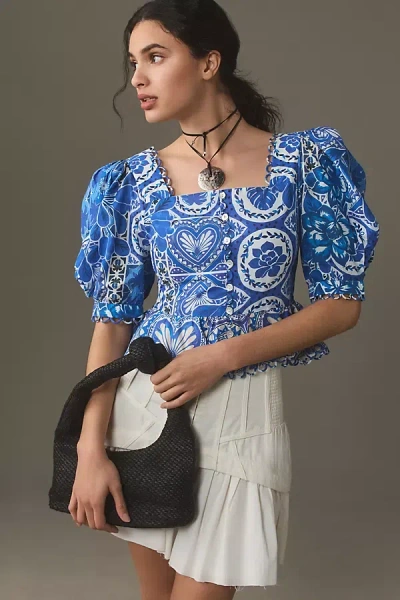 Farm Rio Tile Dream Short-sleeve Blouse In Blue