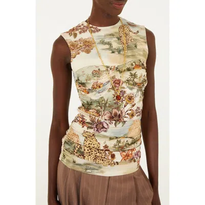 Farm Rio Toile De Rio Ruched Sleeveless Top In Brown