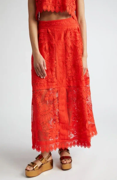 Farm Rio Toucan Guipure Lace Maxi Skirt In Red