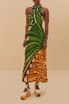 Farm Rio Womens Halter Bead-fringe Sleeveless Cotton-linen Midi Dress Toucan Tree Green In Multi