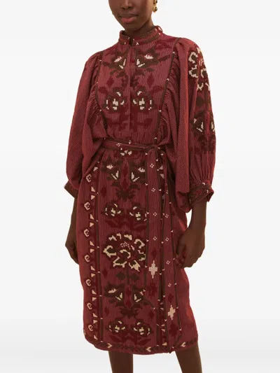 Farm Rio Toucans Scarf Embroidered Puff-sleeve Midi Dress In Red