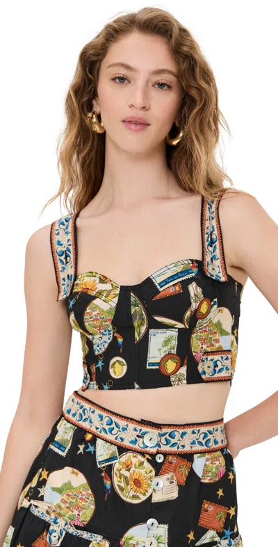 Farm Rio Trip Souvenir Black Topstiching Lastex Top Trip Souvenir Black