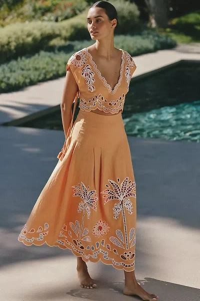Farm Rio Tropi Embroidered Eyelet Cover-up Maxi Skirt In Orange