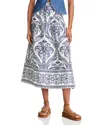 Farm Rio Tripical Cameo Shirred Printed Linen Midi Skirt In Blue Tropi