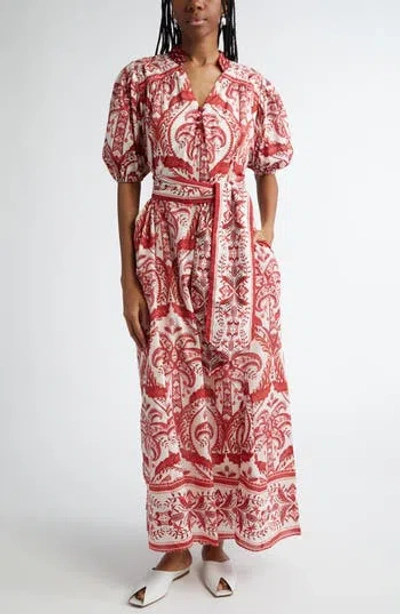 Farm Rio Tropical Cameo Puff Sleeve Cotton Maxi Dress In Tropical Cameo Off-white