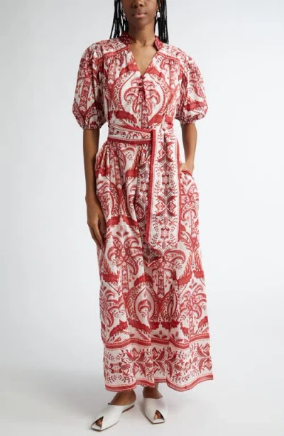 Farm Rio Tropical Cameo Puff Sleeve Cotton Maxi Dress In Tropical Cameo Off-white