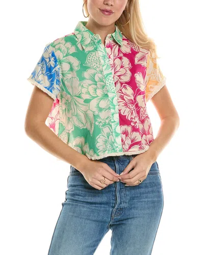 Farm Rio Cropped Frayed Floral-print Cotton-voile Shirt In Blue