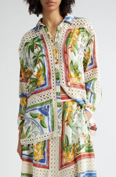 Farm Rio Tropical Destination Crochet Detail Button-up Shirt In Off-white