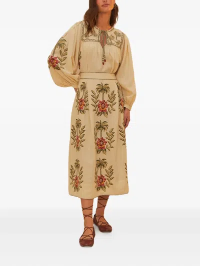Farm Rio Tropical Flower Embroidered Blouse In Burgundy