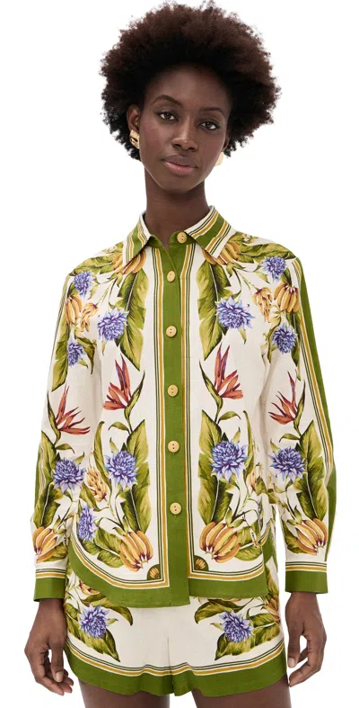 Farm Rio Tropical Linen Top Tropical Scarf Sand In Green