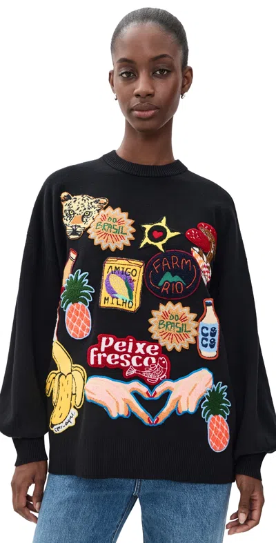 Farm Rio Tropical Patch Knit Sweater Black
