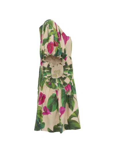 Pre-owned Farm Rio Tropical-print Puffed Sleeve Mini Dress In Neutral