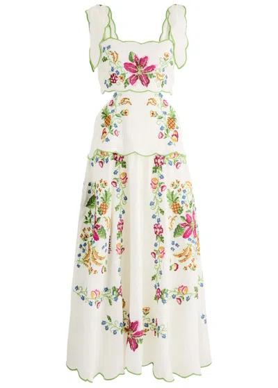 Farm Rio Tropical Romance Floral-embroidered Linen-blend Midi Dress In White