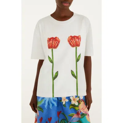Farm Rio Tropical Rose Organic Cotton T-shirt In White