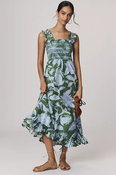 Farm Rio Tropical Swing Smocked Sleeveless Midi Dress In Blue