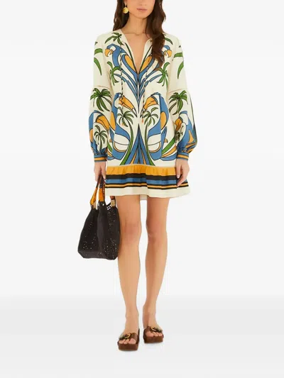 Farm Rio Sand Tropical Graphic Lace Ruffled Mini Dress In Multi