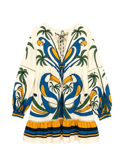 Farm Rio Sand Tropical Graphic Lace Ruffled Mini Dress In Transparent