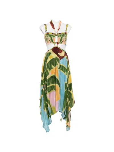 Farm Rio Tropical-print Asymmetric Midi Dress In Green