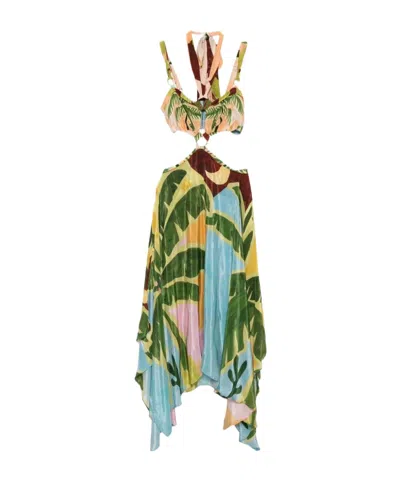 Farm Rio Tropical-print Asymmetric Midi Dress In Green