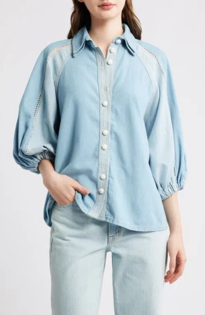 Farm Rio Two-tone Denim Button-up Shirt In Blue