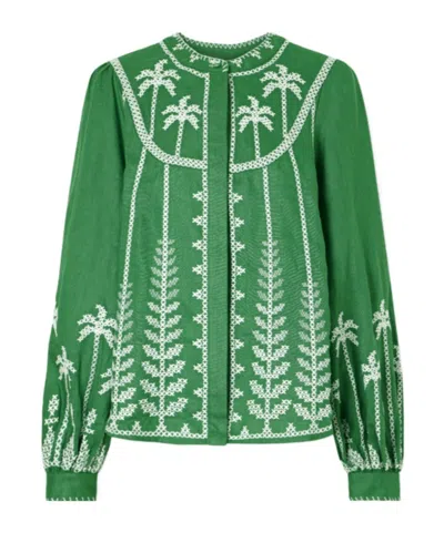Farm Rio Bicolor Cross-stich Embroidery Blouse Long Sleeve In Green