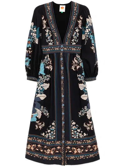 Farm Rio Printed Cotton-poplin Midi Dress In Black