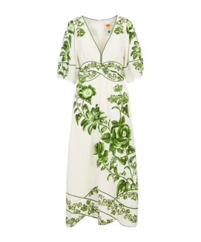 Farm Rio Off-white Green Floral Cascade Lenzing Ecovero Euroflax Midi Dress In Green Floral Cascade Off-white