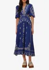 Farm Rio Embroidered Puff-sleeve Cutout Midi Dress In Blue