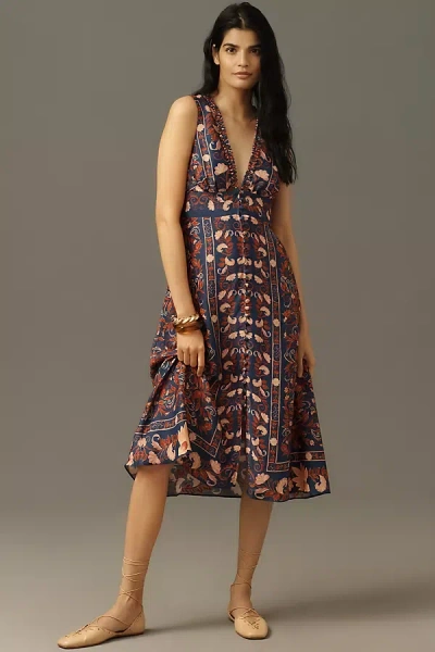 FARM RIO V-NECK FLORAL SCARF MIDI DRESS