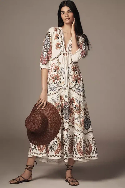 Farm Rio V-neck Linen Blend Maxi Dress In White