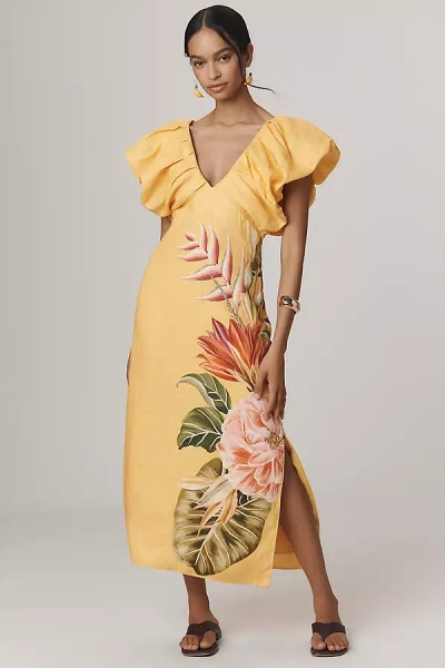 FARM RIO V-NECK LINEN MIDI DRESS