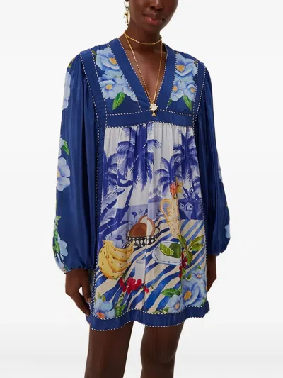 Farm Rio V-neck Mini Dress In Blue